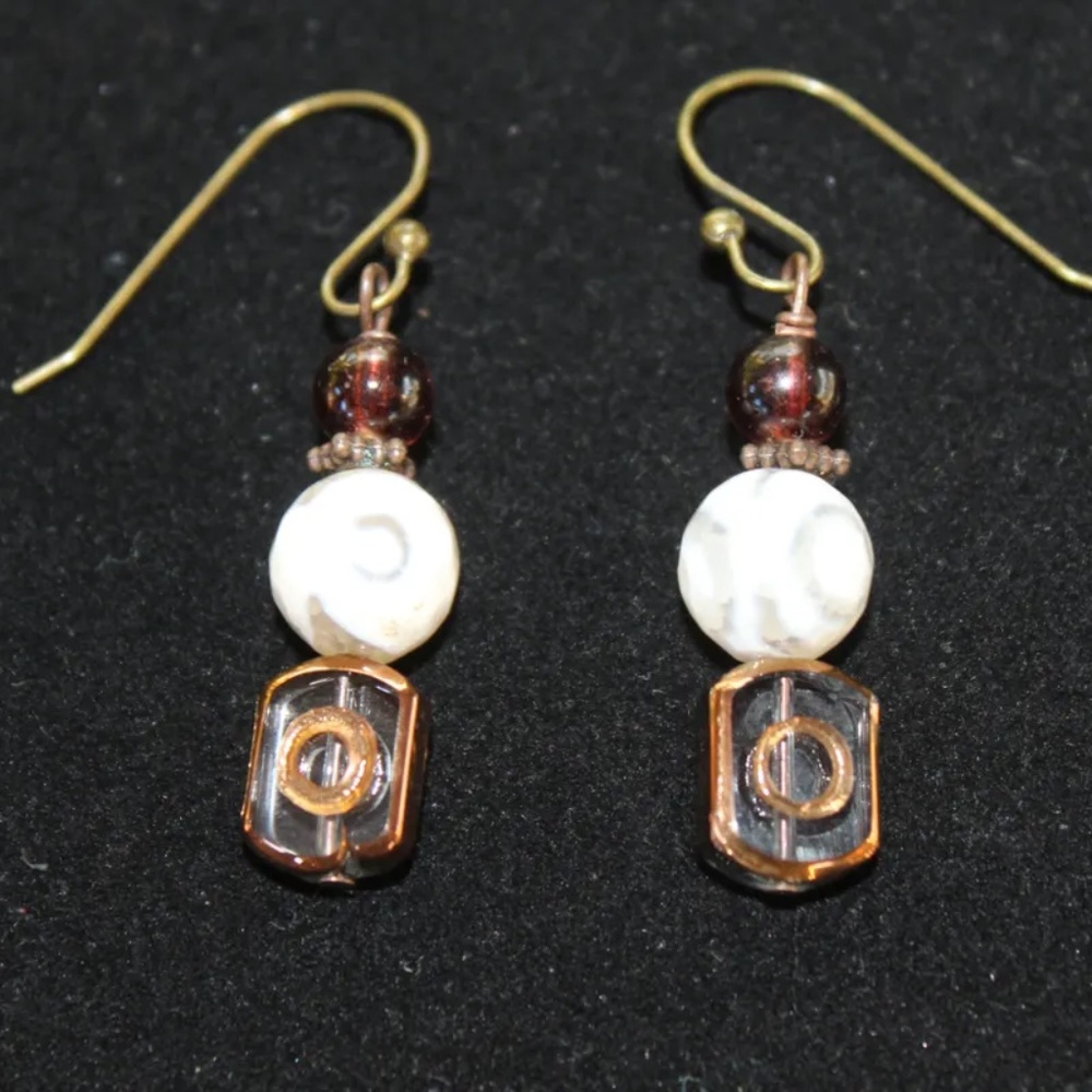 New White Agate  and Glass Beaded Drop Earrings, Brass Ear Wires